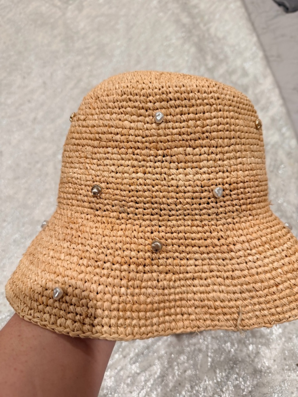 l*space Pearl-Studded Straw Bucket Hat - Natural Tan